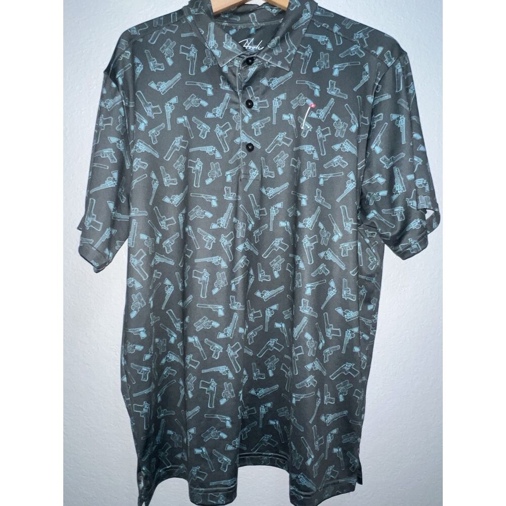 Hoolie Golf Polo Men’s L Shirt Green 1st Amendment Made In USA Pew Pew‎ Revolver